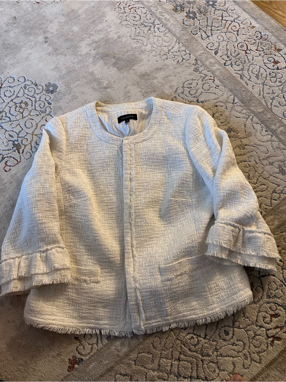 Textured Ivory Tweed Jacket with Ruffle Sleeves